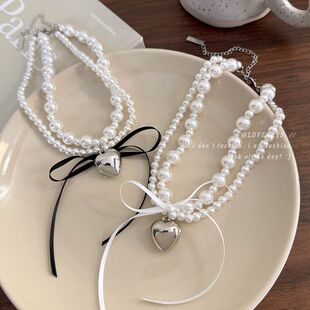 2024新款 金属爱心蝴蝶结织带颈链锁骨链女 轻奢小众多层珍珠项链
