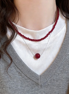 安可拉红色串珠项链女蛇骨链配饰新中式国风轻奢小众秋冬锁骨颈链