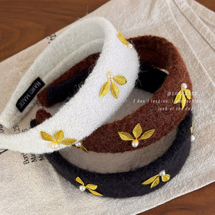 复古美拉德毛呢宽边发箍百搭洋气高级感树叶珍珠头箍 一叶知秋