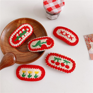 新款 樱桃毛线编织发夹女可爱少女风网红针织BB夹边夹刘海发饰