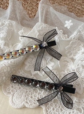 精致水晶黑色网纱蝴蝶结一字夹侧边刘海夹韩版网红鸭嘴夹发饰新款