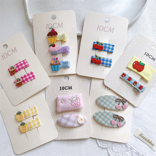 新款 儿童刺绣水果格纹发夹甜美女童侧边刘海夹子宝宝碎发BB夹发卡