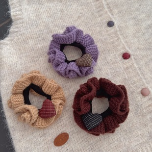 复古格纹爱心毛线大肠圈头饰气质百搭丸子头发圈高级感扎马尾发绳