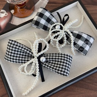 韩版 后脑勺顶夹发卡 千鸟格小香风发夹女高级感气质珍珠蝴蝶结时尚