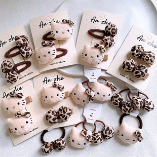 秋冬儿童卡通毛绒猫咪发夹发圈豹纹蝴蝶结BB夹女童扎头发皮筋