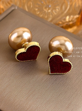 植绒红色爱心珍珠耳环高级感气质一款两戴耳钉小巧精致百搭耳饰女