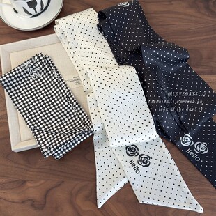 小香风黑白波点山茶花丝巾女夏季 系脖高级感细窄长条领巾丝带颈饰