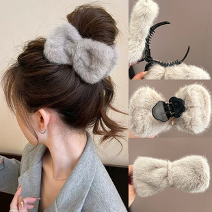 气质毛绒蝴蝶结抓夹女2025新款 高级感发夹鸭嘴夹子后脑勺盘发