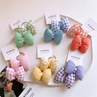 头绳发饰 儿童布艺充棉格子蝴蝶结发圈女孩扎头发皮筋对装 春季 新款