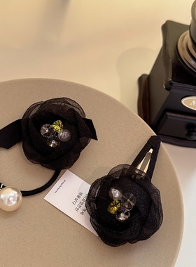 轻奢风黑色网纱水晶花朵掰掰夹高级感前额边夹精致气质扎马尾