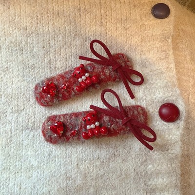 甜美少女红色水钻小熊蝴蝶结BB夹可爱侧边夹刘海夹发卡头饰掰掰夹