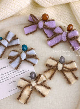 秋冬软糯糯手工紫色毛线蝴蝶结耳钉韩系甜美感耳环小众独特感耳饰