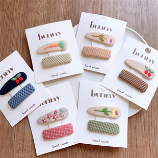 新款 儿童初秋布艺格纹发夹女童刺绣花朵BB夹宝宝刘海夹发卡2个装