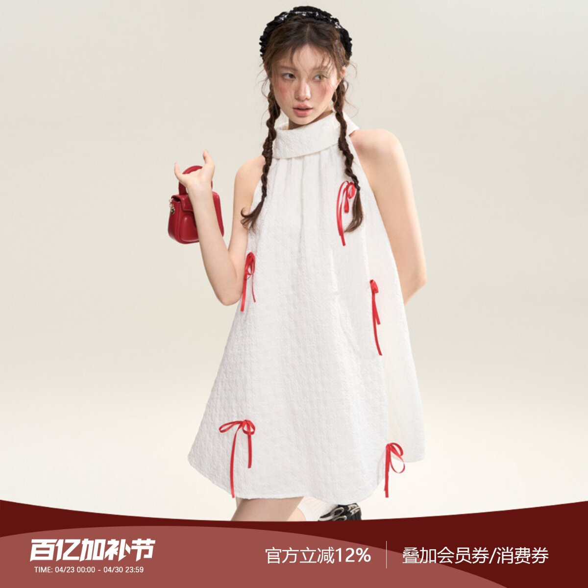 SASSY MOODY 红色立体蝴蝶结连衣裙女宽松显瘦无袖挂脖娃娃裙
