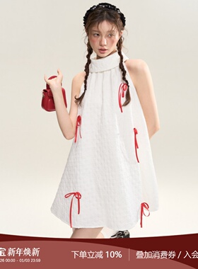 SASSY MOODY 红色立体蝴蝶结连衣裙女宽松显瘦无袖挂脖娃娃裙