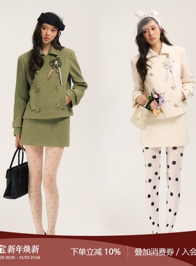 SASSY MOODY 飞行日记 原创复古双排扣高智毛呢外套A字半裙套装