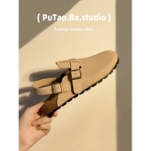 女2025春秋新款 两穿半拖鞋 钓鱼博肯鞋 真皮勃肯鞋 懒人外穿包头凉鞋