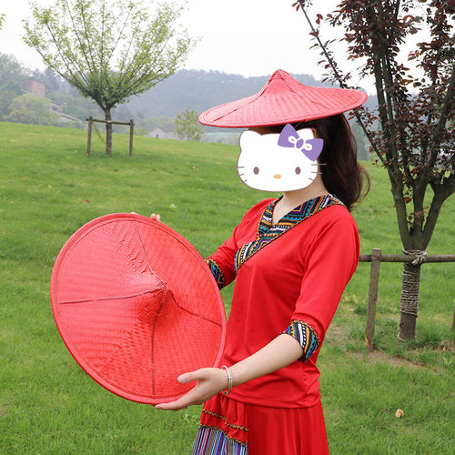 傣族舞蹈斗笠红色花腰帽子女平沿
