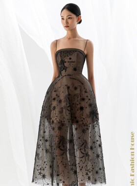 越南Lobbster 高腰修身网纱抹胸吊带气质天马行空生日连衣裙