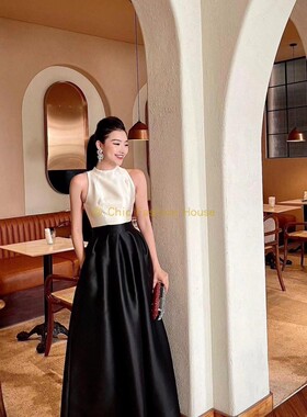 越南tracy studio 新款气质拼色优雅高腰修身光泽小礼服连衣裙