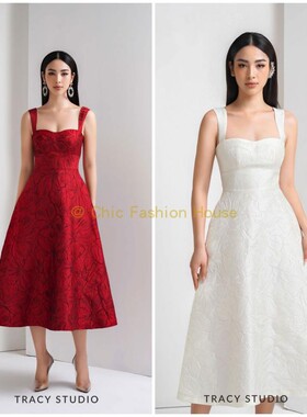 国现 越南Tracy studio新款优雅高腰修身方领背带小礼服连衣裙