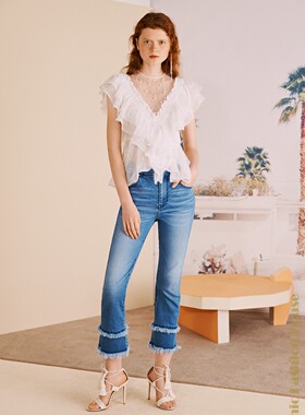 特价款 LAMITIE设计师2019春夏白色珍珠荷叶网纱拼接上衣