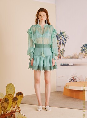 特价款 LAMITIE设计师2019薄荷绿透视荷叶坠饰圆领衬衫绿色半裙