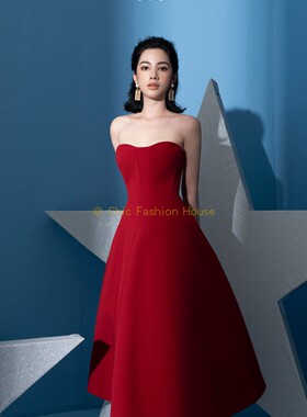 越南CICI 时尚新款气质优雅简洁红色抹胸敬酒服小礼服连衣裙
