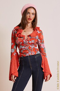 [现]-澳洲Finders Keepers秋冬新款印花风情喇叭袖上衣NO.64NO.65
