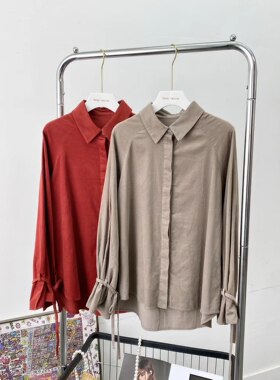 女款春秋日系复古长袖衬衫港风做旧灯芯绒喇叭袖衬衣打底宽松