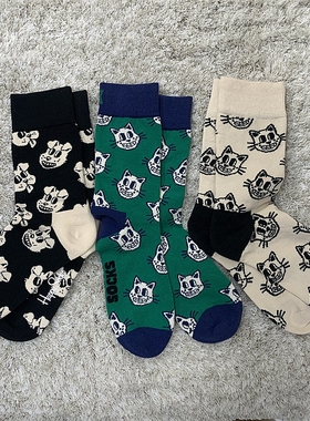 SOCK DAD现货个性复古欧美风薄款袜子男女纯棉高街猫咪美式中筒袜