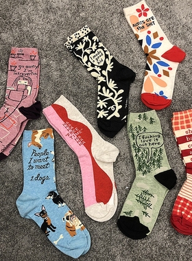 SOCK DAD现货BlueQ花袜子街头艺术手绘插画中筒长袜男女通用薄款