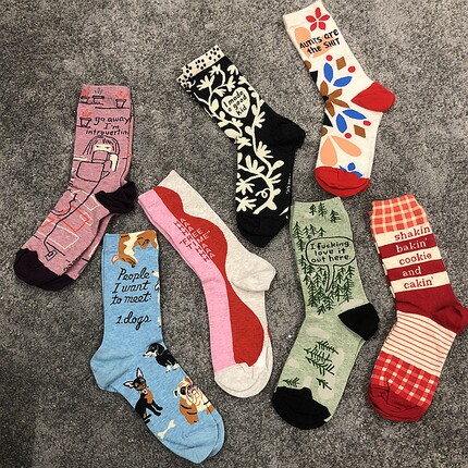 SOCK DAD现货BlueQ花袜子街头艺术手绘插画中筒长袜男女通用薄款