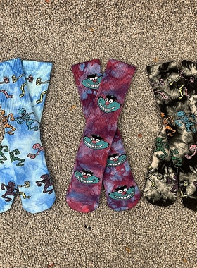 SOCK DAD现货美潮复古涂鸦插画滑板袜  男女款联名扎染毛巾底长袜
