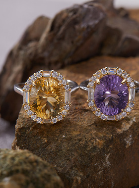 S925纯银天然黄紫水晶彩宝戒指高级珠宝小众大克拉食指戒直播