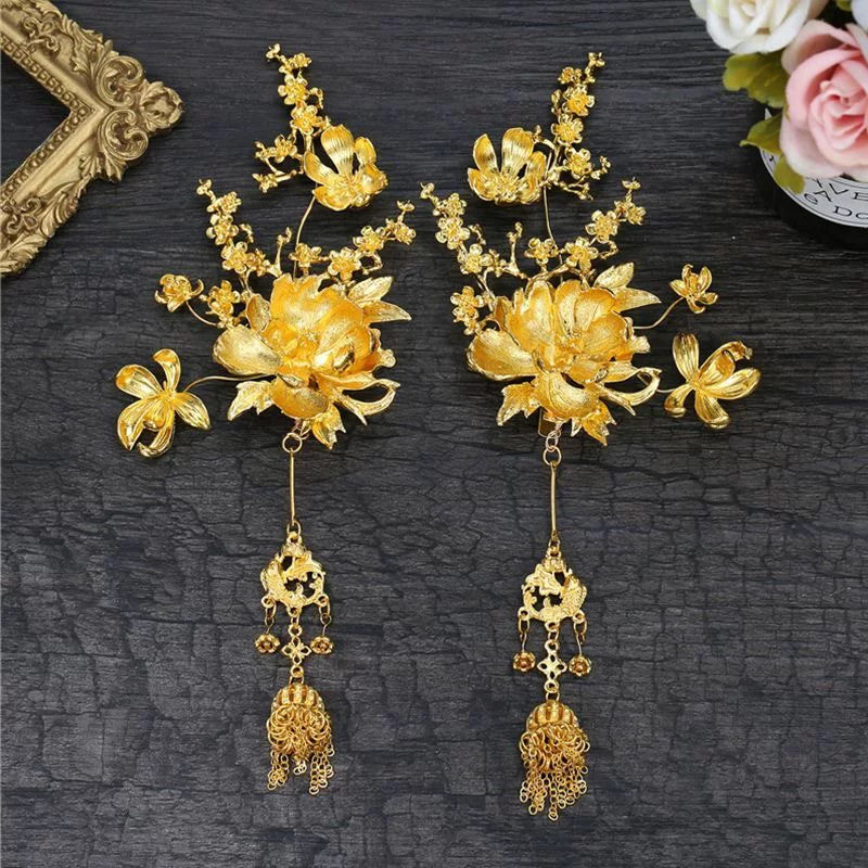 新中式新娘发卡金色牡丹流苏侧边边夹龙凤褂旗袍配饰百搭头饰发夹,饰品/流行首饰/时尚饰品新,民族风发饰,淘宝优惠券,粉丝福利购,淘宝优惠卷