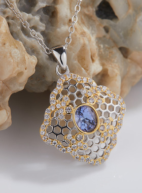 天然坦桑石镂空吊坠s925纯银项链女复古百搭锁骨链欧美首饰批发