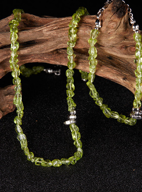 原创S925纯银天然橄榄石彩宝项链女随形不定形石头透体绿串珠颈链