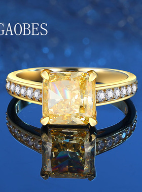 冰花切925纯银高碳钻女戒指镶嵌黄钻方形满钻指环时尚金色戒指