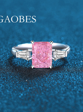 S925通体纯银冰花切公主粉色金黄色海蓝色白钻简约大气时尚女戒指