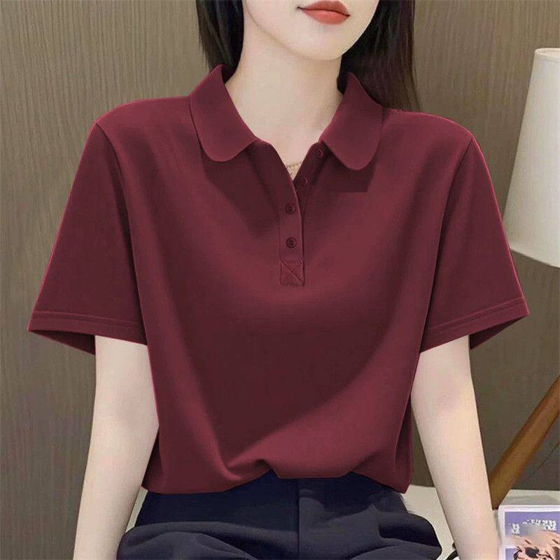 纯棉翻领短袖T恤女宽松显瘦