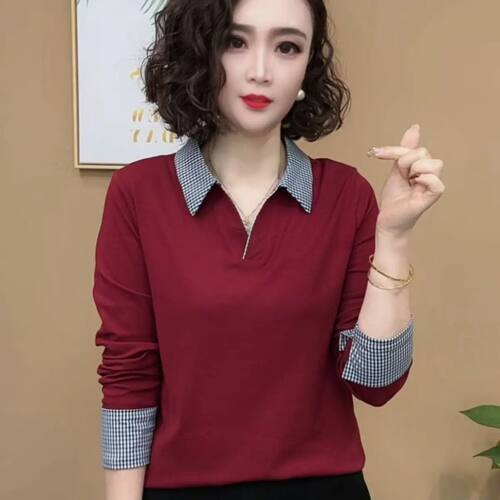 纯棉拼接格子翻领显瘦POLO衫女