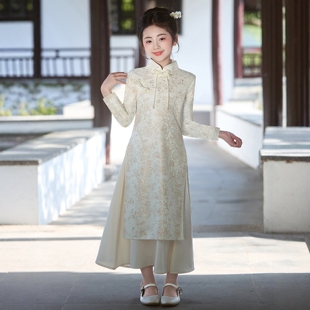 儿童国风唐装 大童新中式 小女孩连衣裙春夏 长袖 女童旗袍裙2026新款