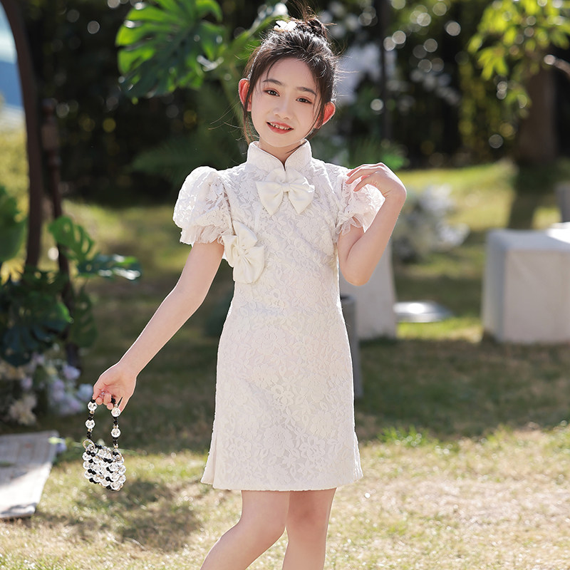 女童旗袍白色国潮儿童中国风礼服走秀宝宝连衣裙小女孩唐装夏季女