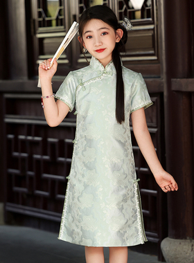 儿童旗袍夏季中国风女童绿色唐装宝宝改良连衣裙古筝演出服新中式
