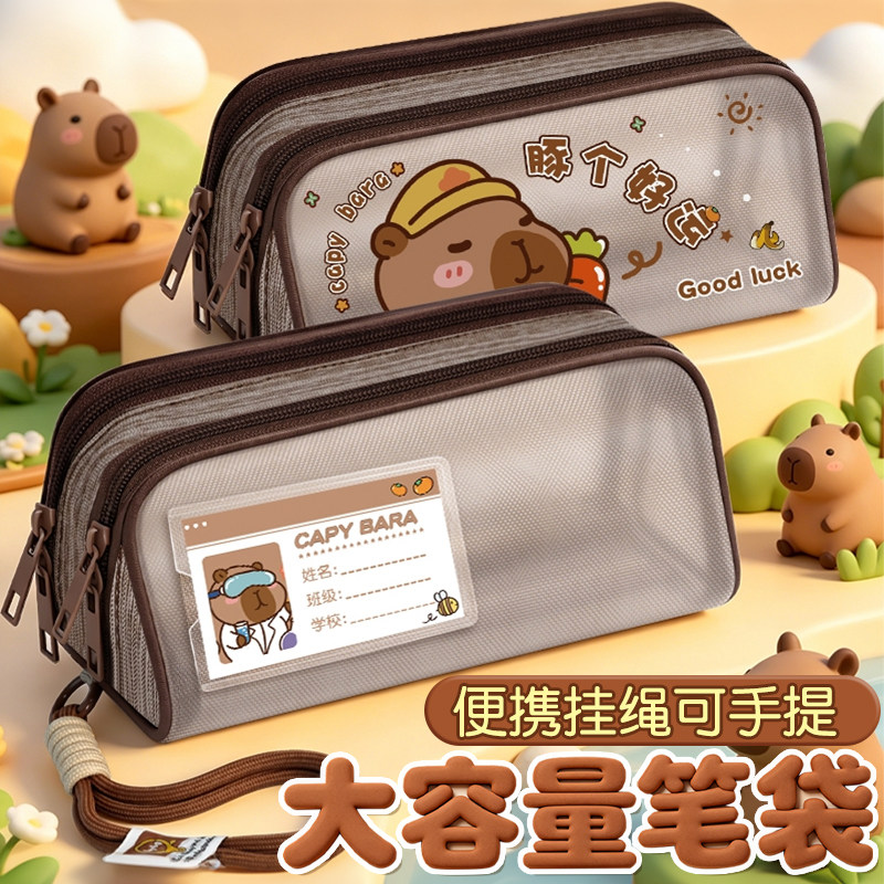 知远透明笔袋卡皮巴拉网纱文具袋初中女生铅笔袋三层大开口收纳袋男孩子铅笔盒小学生简约文具盒学习用品