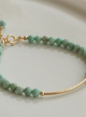 12月生辰石 森系波西米亚风格天然秘鲁绿松石14k包金手链手镯