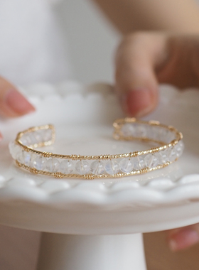 白月光系列 小众设计感天然月光石复古手工绕线开口手镯14K包金