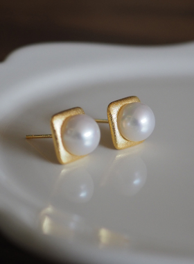 LEMON STUDIO 法式气质方形小众复古高级感宫廷925银淡水珍珠耳钉