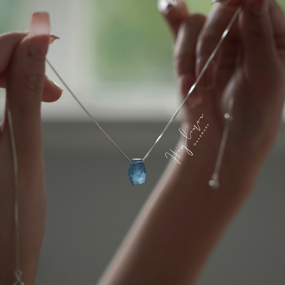 小众设计天然海蓝宝吊坠项链